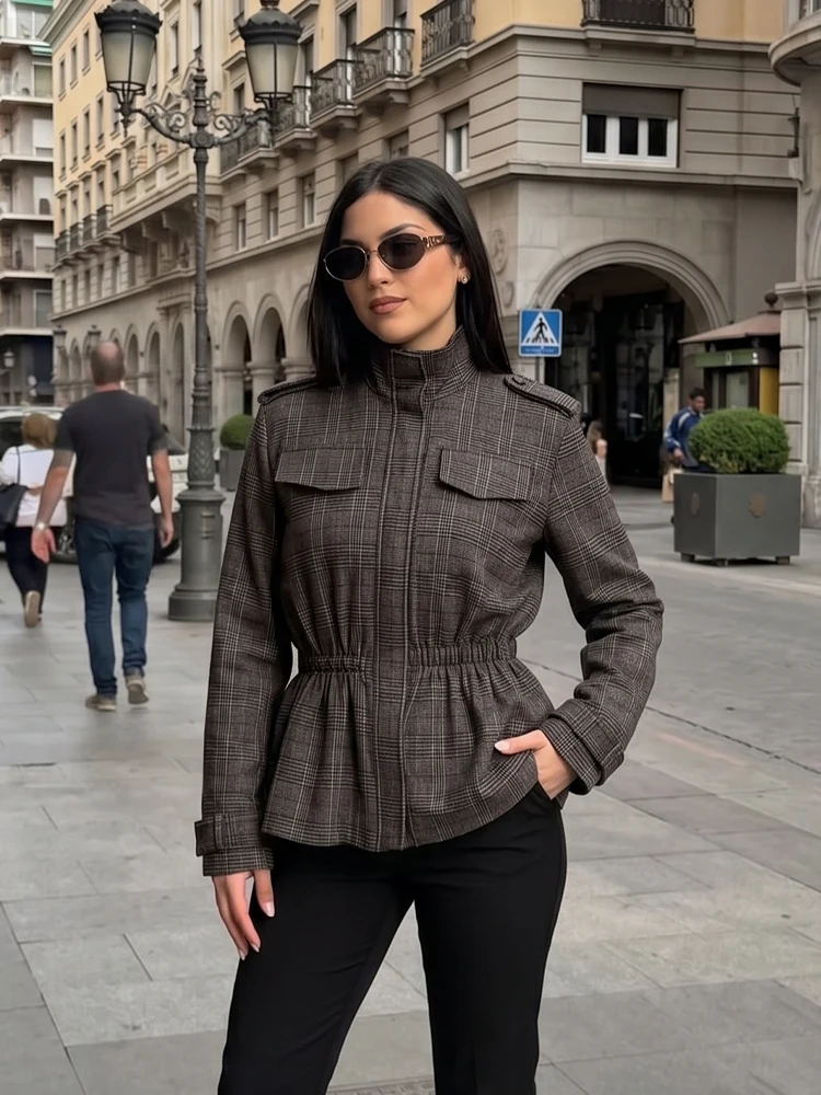 HH Women Fashion Plaid Cinched Waist Jacket Pocket Autumn Winter Warm Long Sleeve Stand Collar Outwear New Street Commuting Coat