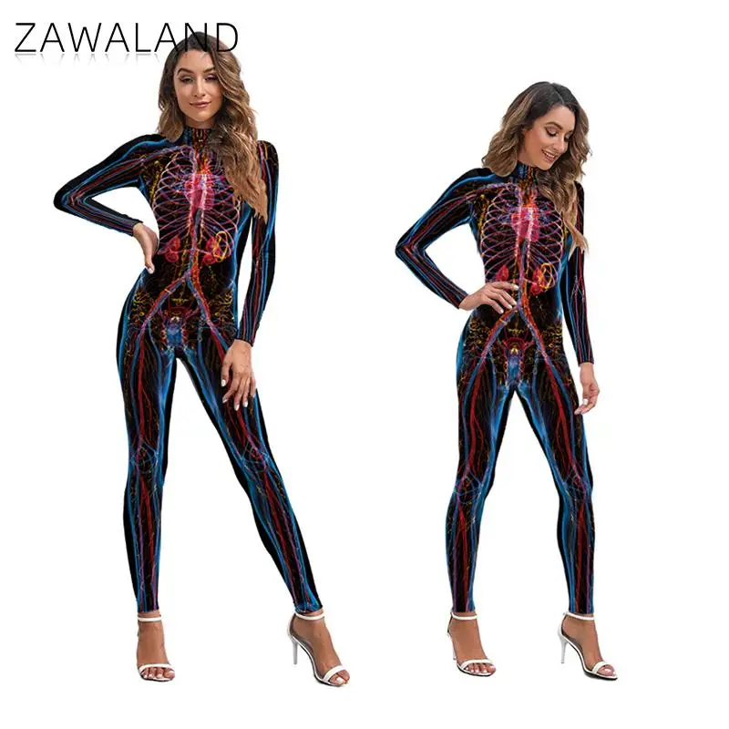 

Zawaland Skull Jumpsuit For Women Halloween Costume Long Sleeve Skinny Catsuit 3D Print Nerve Skeleton Bodysuit Cosplay Outfit