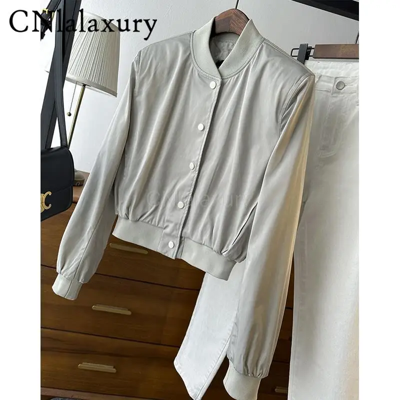 CNlalaxury 2023 Spring Autumn New Short Aviator Silk Satin Jacket Women Solid Simple Casual Coat Tops Female Versatile Chic Cool