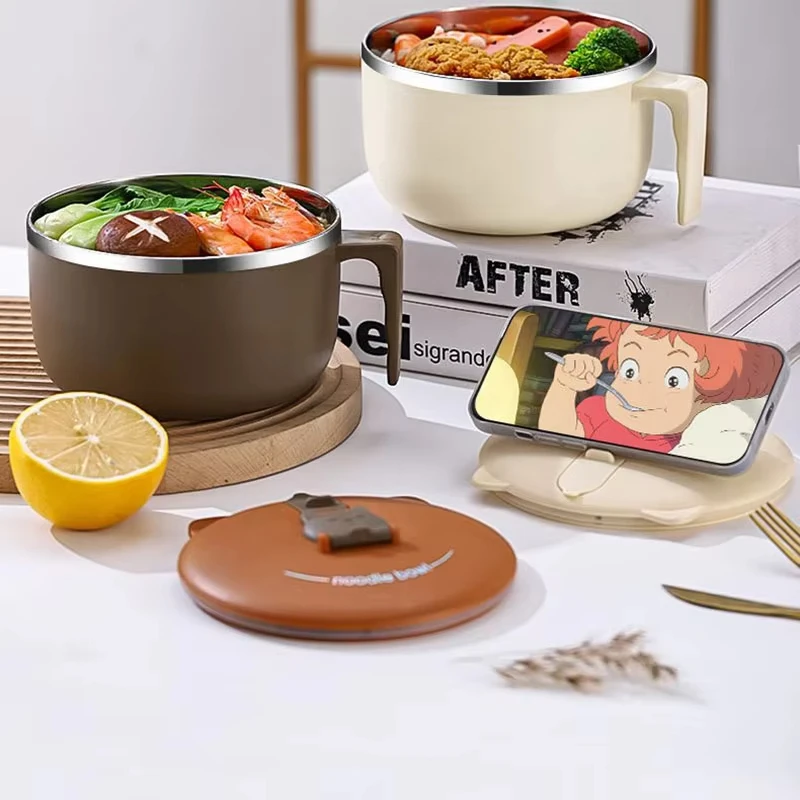 Tazón grande de acero inoxidable para fideos con tapa, vajilla portátil de grado alimenticio 304 para servir arroz y sopa