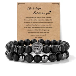 2pcs/set Natural Stone Lion Bracelets For Men Matte Black Onyx Hematite Volcanic Beads Bracelet Skull Fitness Jewelry Gift