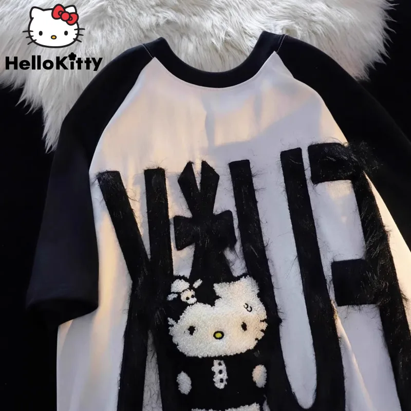 Sanrio Hello Kitty New Short Sleeve T-shirts Y2k Couples Loose Trend Tops Women Streetwear Oversized Tees Summer Female Clothing