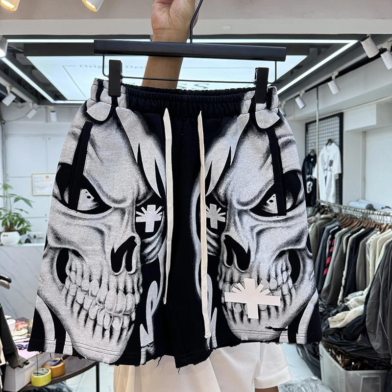 Summer American High Street Skull Head 3D Print Hip Hop Men's Women's Loose Casual Ripped Drawstring Sports Shorts Trendy