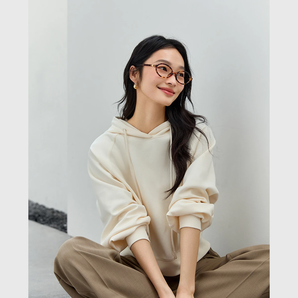 VIMLY Women's Apricot Hoodies 2026 Fall New Loose-fit Casual Hooded Pullover Versatile Long Sleeve Sweatshirt Female A2719