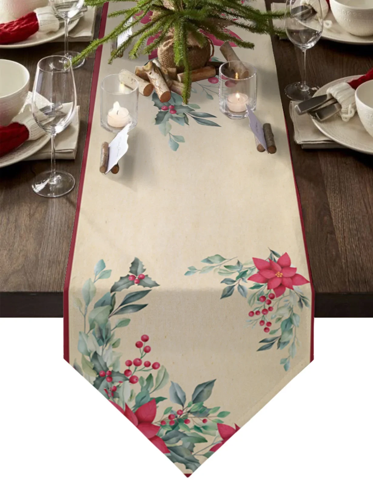 Christmas Flower Poinsettia Retro Table Runner Flag Mat Home Wedding Centerpieces Decoration Party Dining Tablecloth