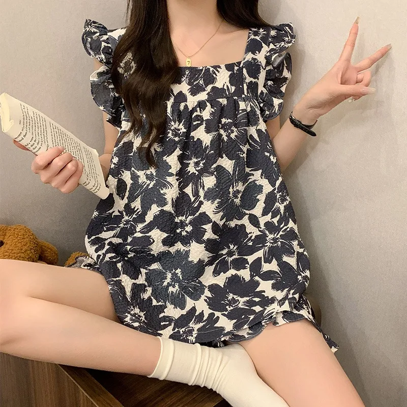 プリント女性パジャマ夏の寝間着韓国睡眠フライスリーブホームスーツ 2026 新しいノースリーブショーツセット 2 ピースナイトウェア 1