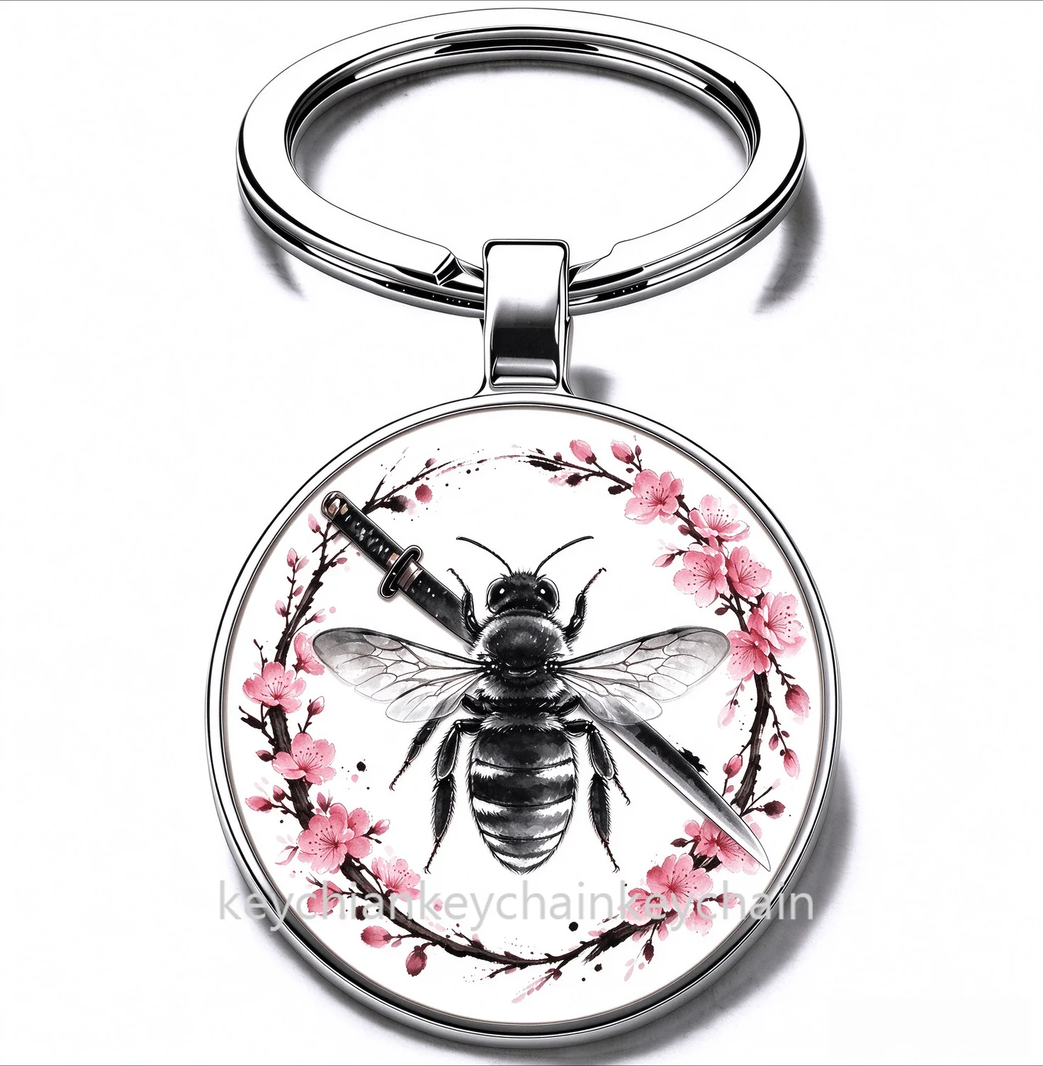 Japanese Insect bee Cherry Blossom Katana Keychain Samurai Sword Sakura Wreath Key Ring Car Bag Pendant Men Gift