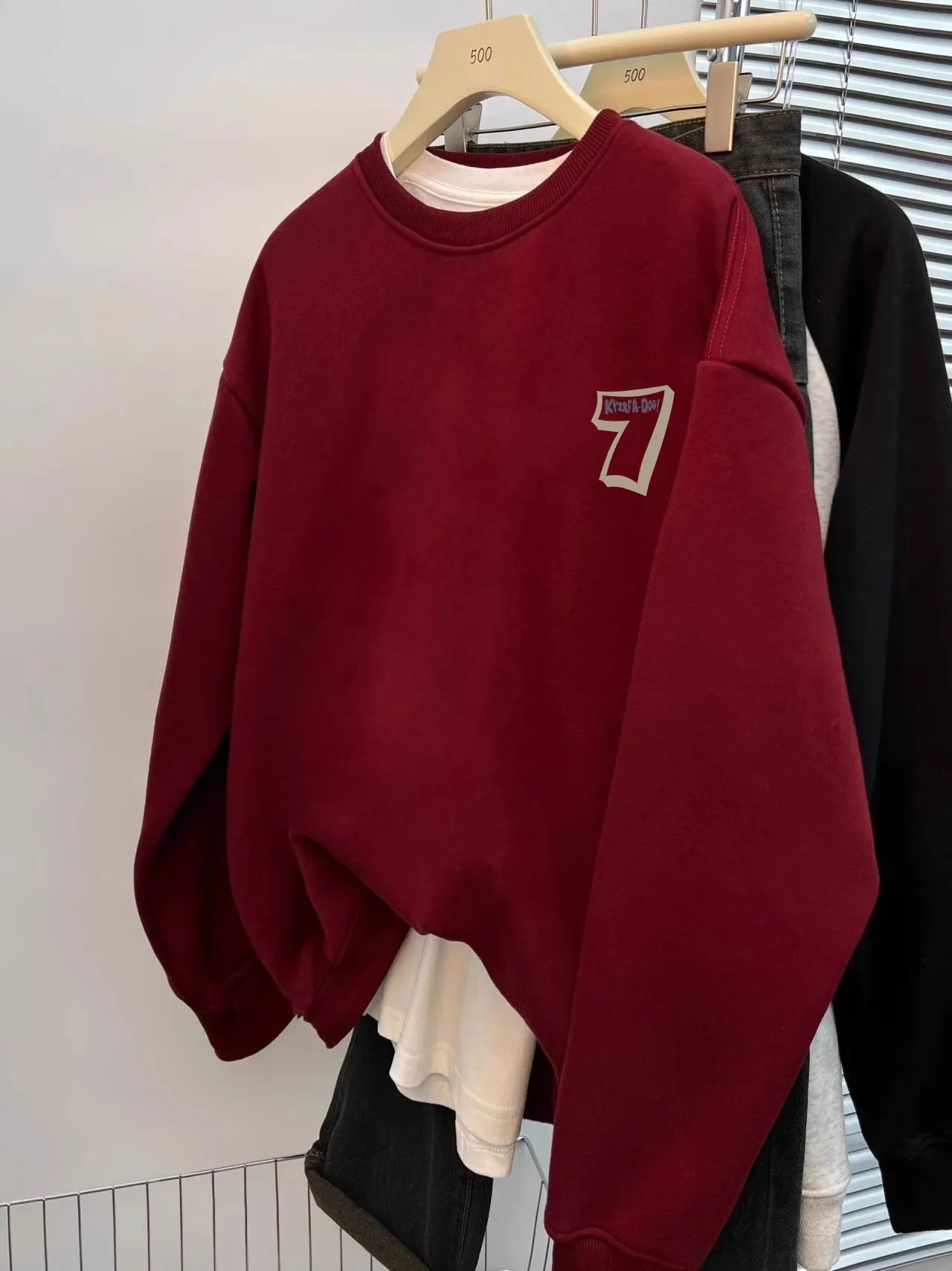 Burgundy Round Neck Sweatshirt for Women Spring & Fall Thin Trendy Brand American Retro Loose Oversize Hooded Long-Sleeved Top