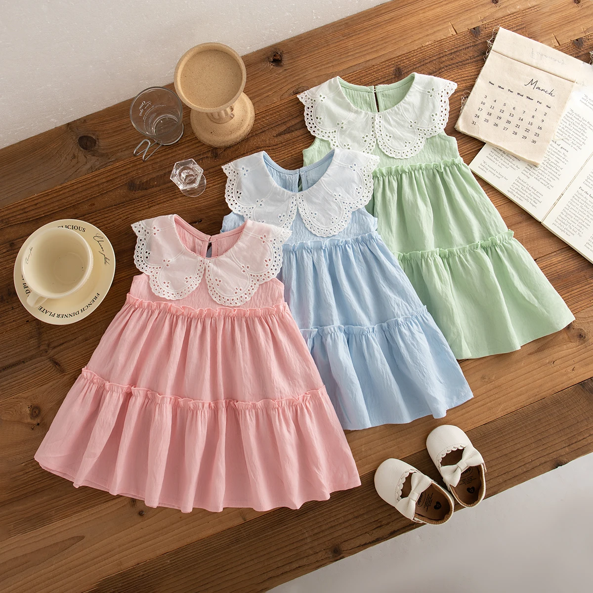 Babykleidung für Mädchen, Sommer, Baumwolle, einfarbig, Revers, ärmellos, Babykleider, süße Mädchen-Strandkleider