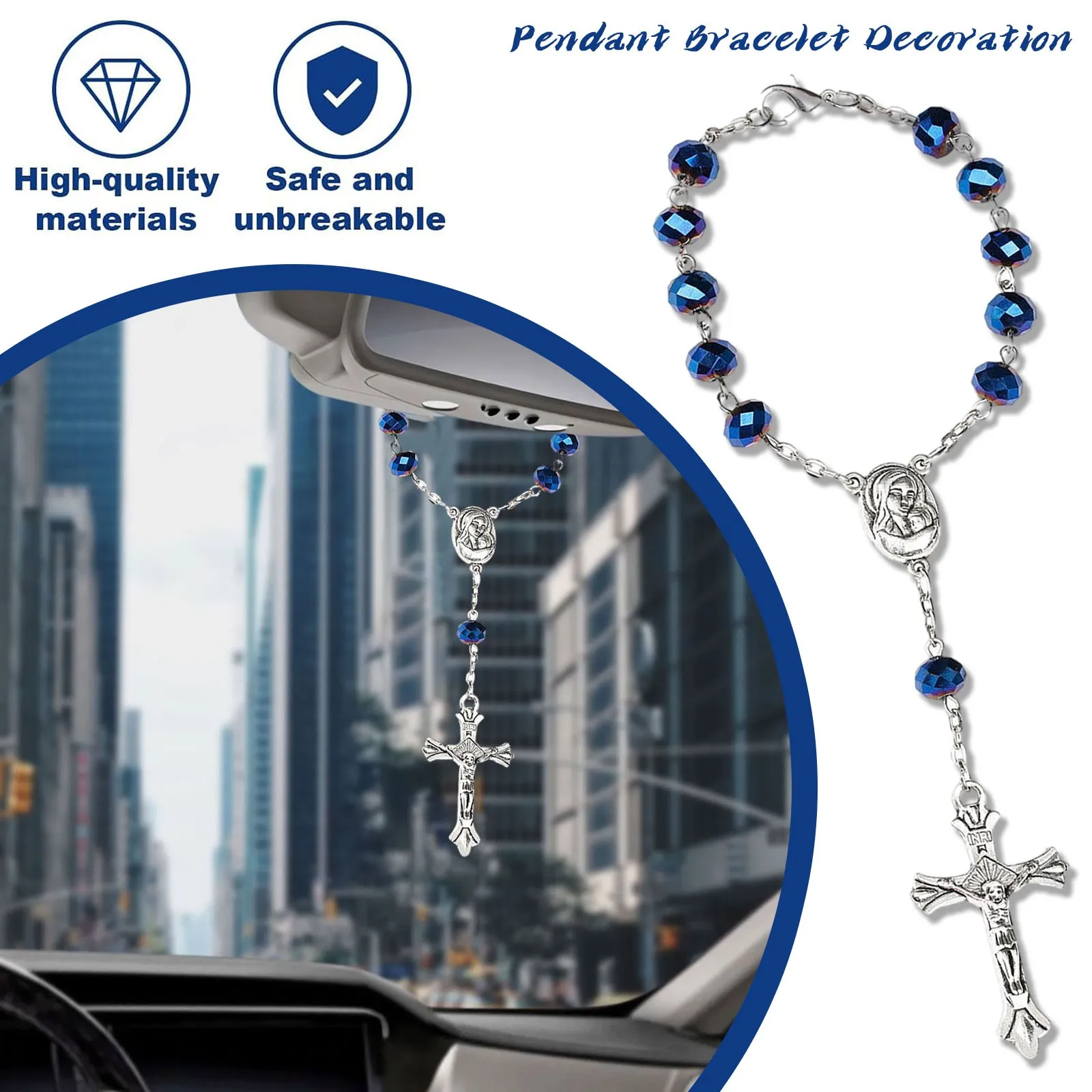 Pulsera de rosario de coche con colgante de cruz, decoración de cuentas colgantes para espejo retrovisor, accesorio religioso para Interior de coche para protección
