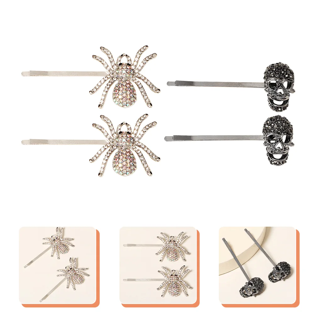 2 Pairs Halloween Hair Clips Pins Goth European and American Crystal Rhinestone Skull Banquet Gothic Accessories Rhinestones