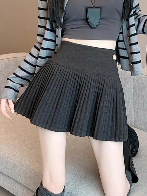 

ay Woolen Plaid f-length Skirt Women's Autumn Winter New Faion Sweet Slimming ort Skirt Anti-light Walking