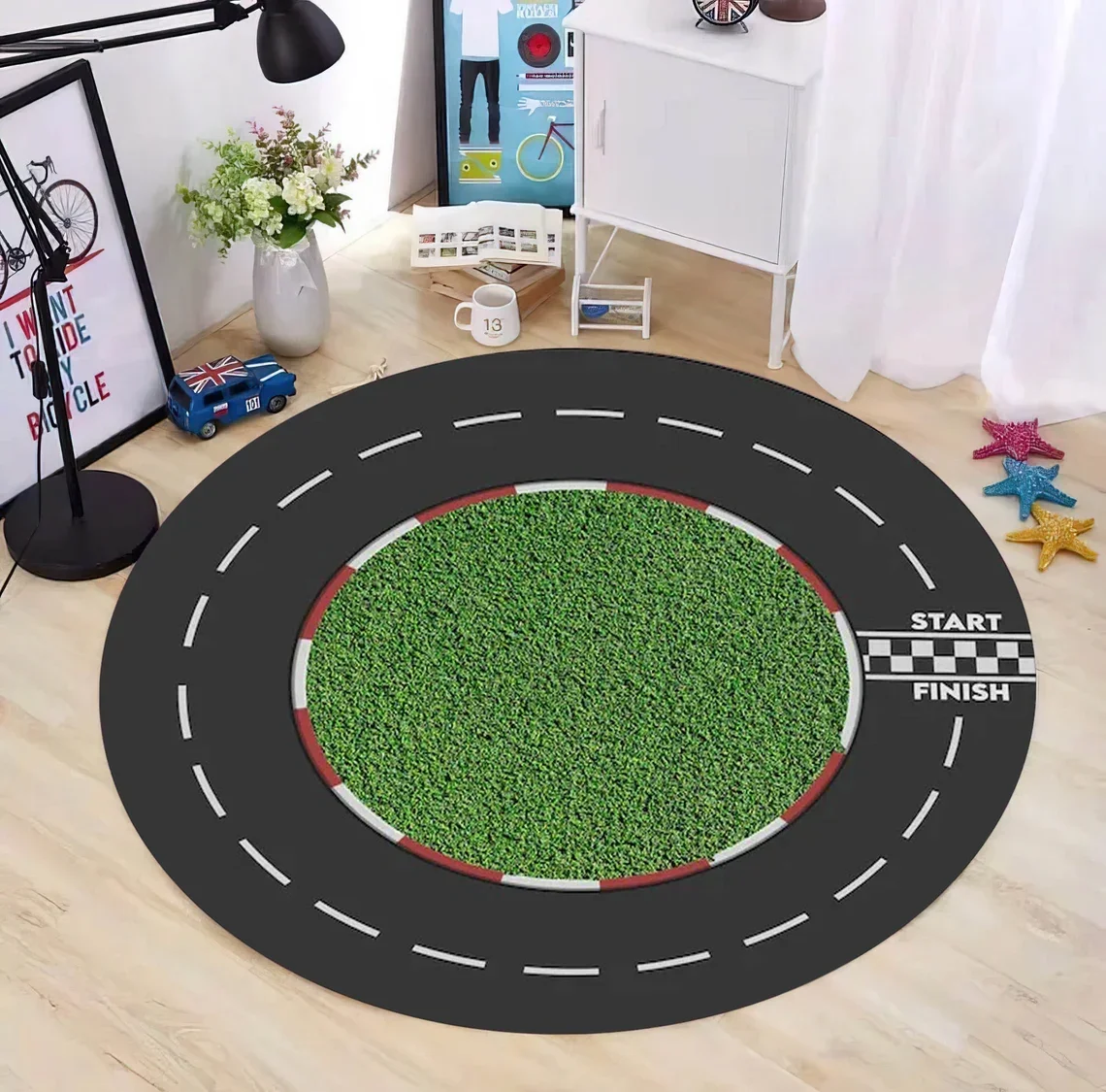 Race Track Round Carpet Living Room Large Rug Racing Car Green Grass Area Rugs Bedroom Sofa Chair Floor Mat