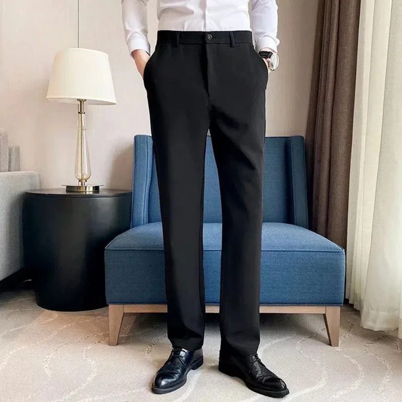 

Men's Clothing Solid Color High Waisted Pockets Button Zipper Casual Trousers Trouser Suits Pencil Boyfriend Business Pants