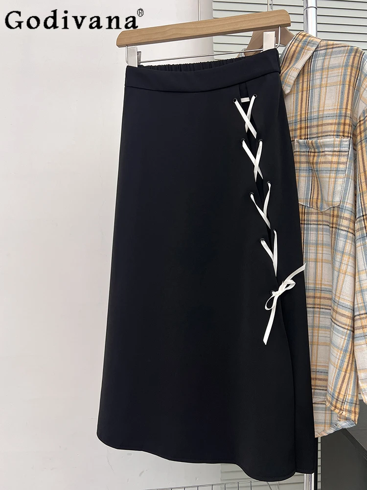 

Large Size L-4XL Loose Black Versatile Lace-up Korean Skirt Girl Spring Summer Elastic High Waist A-line Solid Color Long Skirts