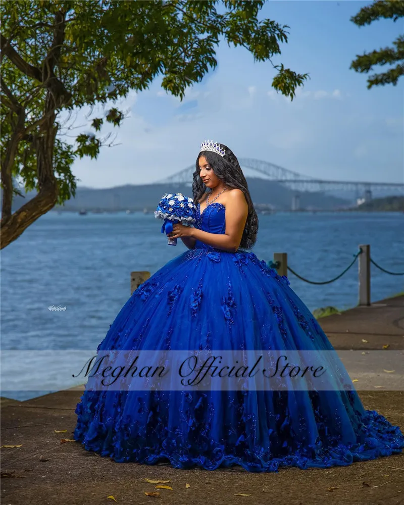 México Royal Blue Sweetheart Vestido Quinceanera 2025 Bead 3D Flower Corset Prom Dress Vestido de Baile Doce 16 15 Robe De Customized