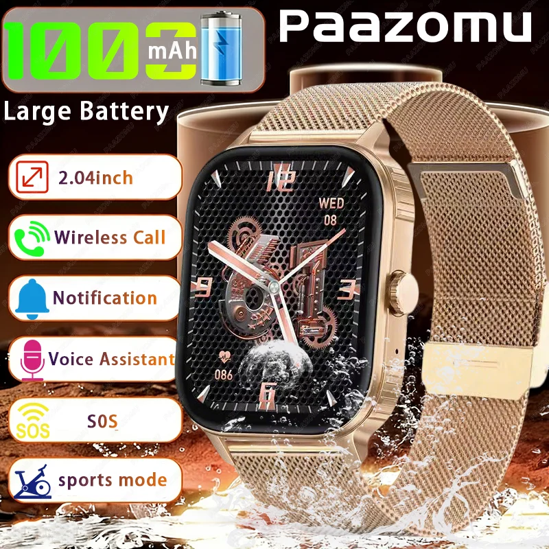 2026 New 1000mAh Battery Smart Watch Men Women 2.04” HD Screen Bluetooth Call Women Watches Heart Rate Monitor Sports Smartwatch