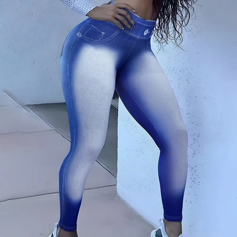 Kobiety uwielbiają fałszywe legginsy z kieszeniami i nadrukiem wysokiej talii rozciągliwe legginsy dżinsowe modne codzienne spodnie ołówkowe joga Fitness wąskie legginsy