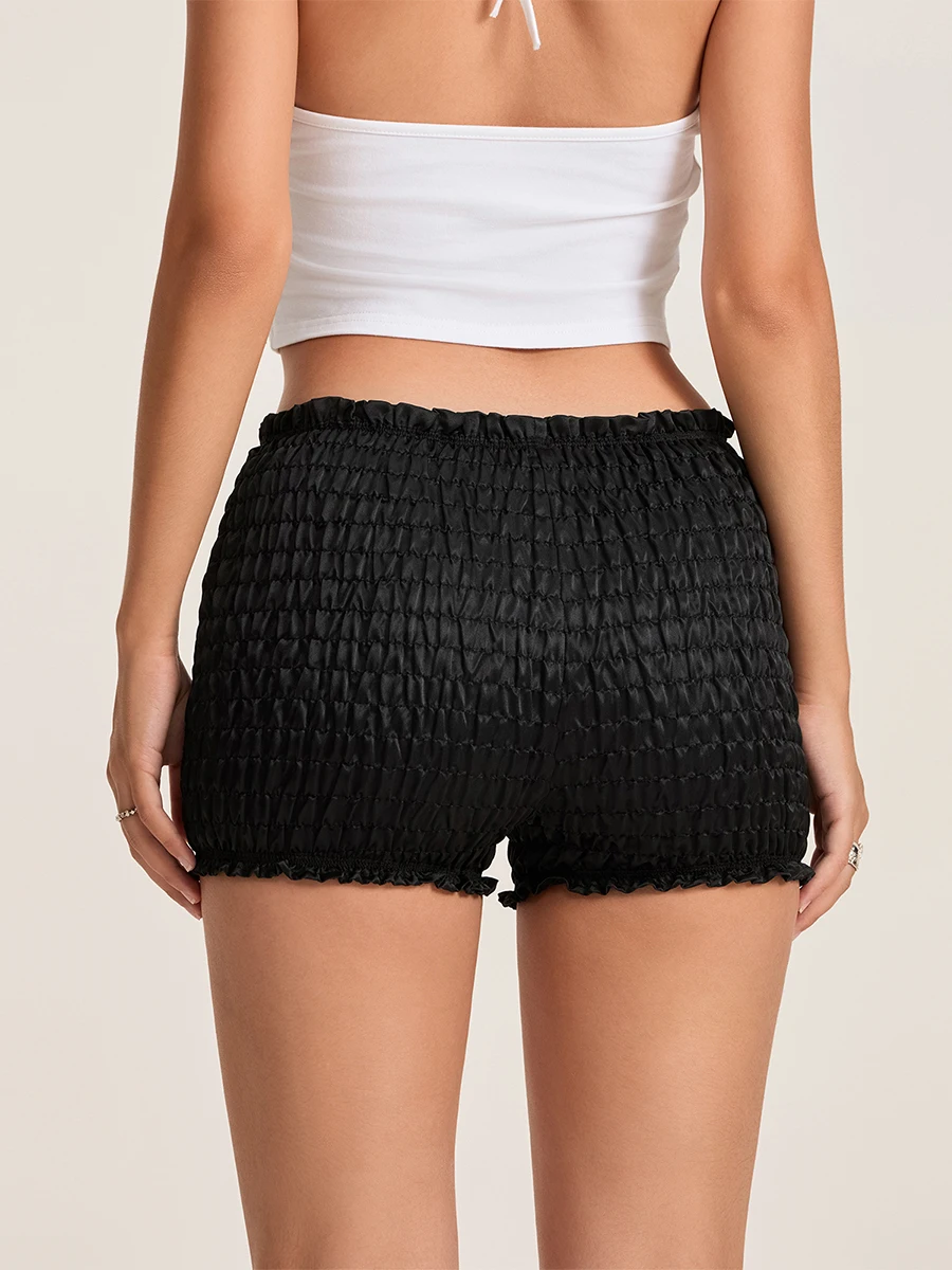 Zomershort met lage taille, elastische tailleband, effen kleur, trendy shorts met ruches