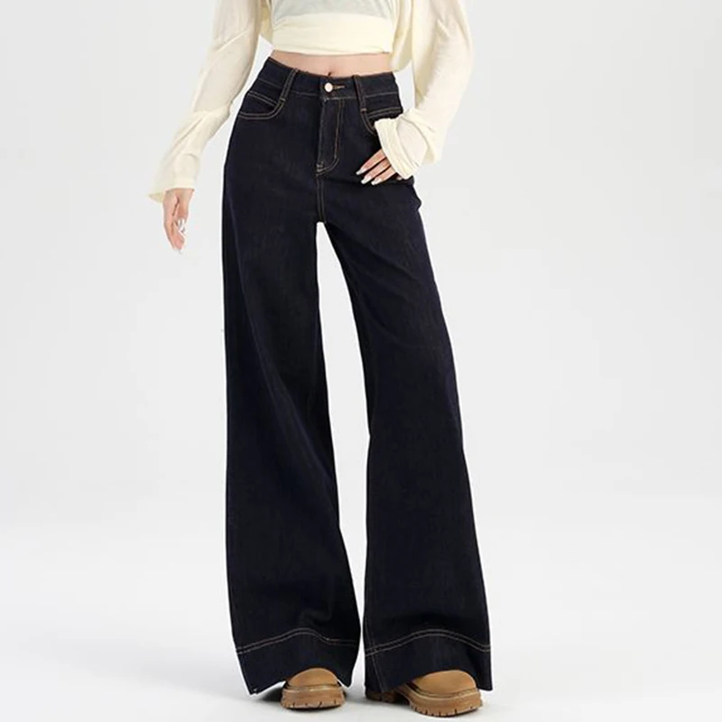 Pantalones vaqueros elegantes de cintura alta para niña, pantalones vaqueros de pierna recta informales Retro para mujer, pantalones coreanos con parte inferior acampanada para uso diario