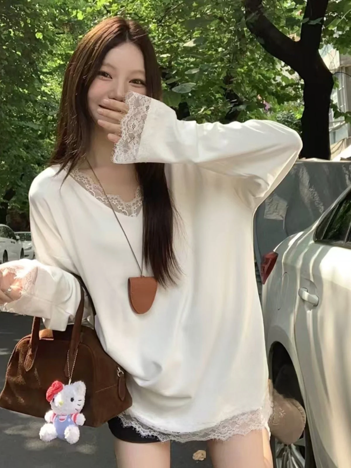 

Модная женская теплая зимняя кофта с кружевными вставками, V-образным вырезом, длинными рукавами, свободного кроя, в повседневном стиле, простая и элегантная.