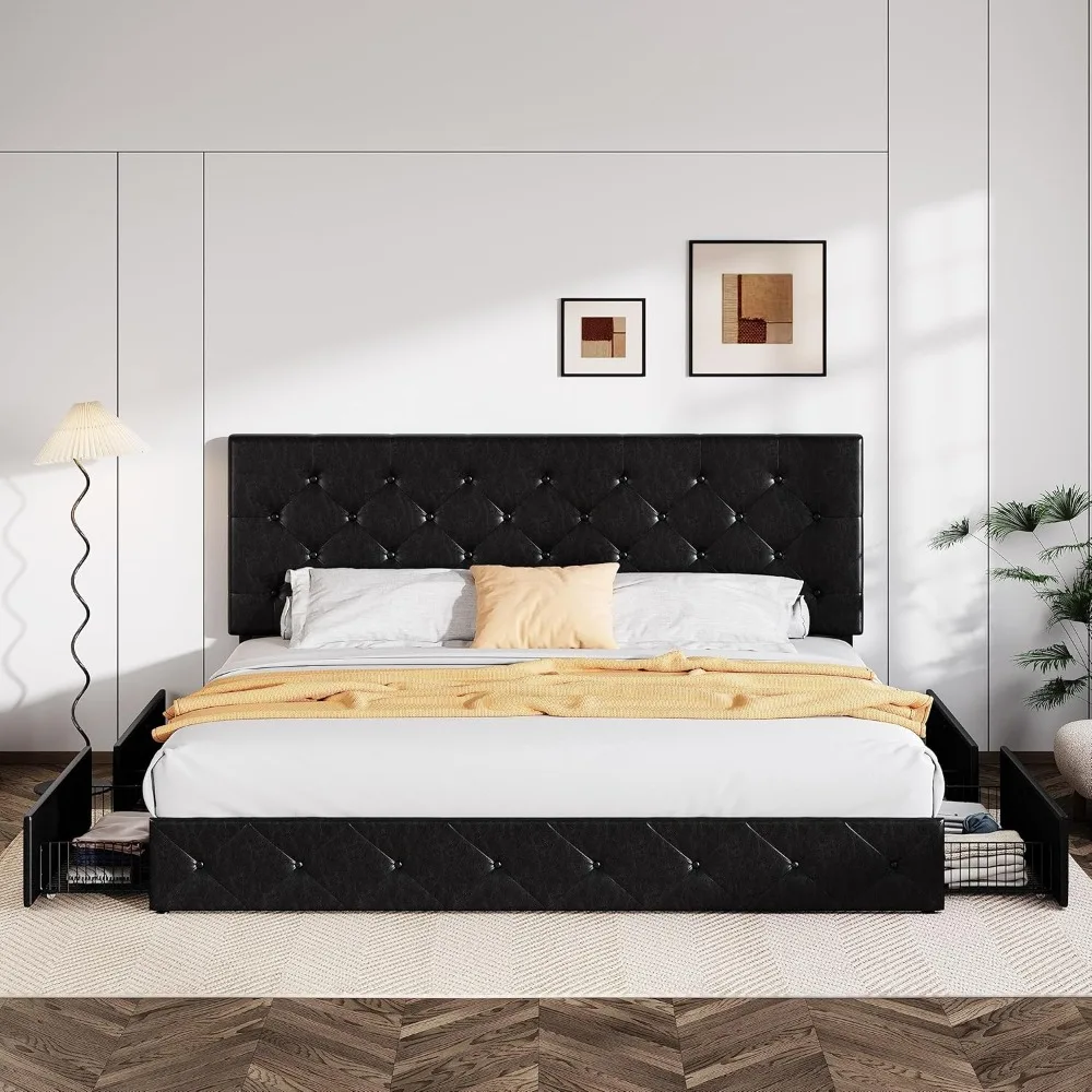 King Size Black Metal Faux Leather Platform Bed Frame with 4 Drawers