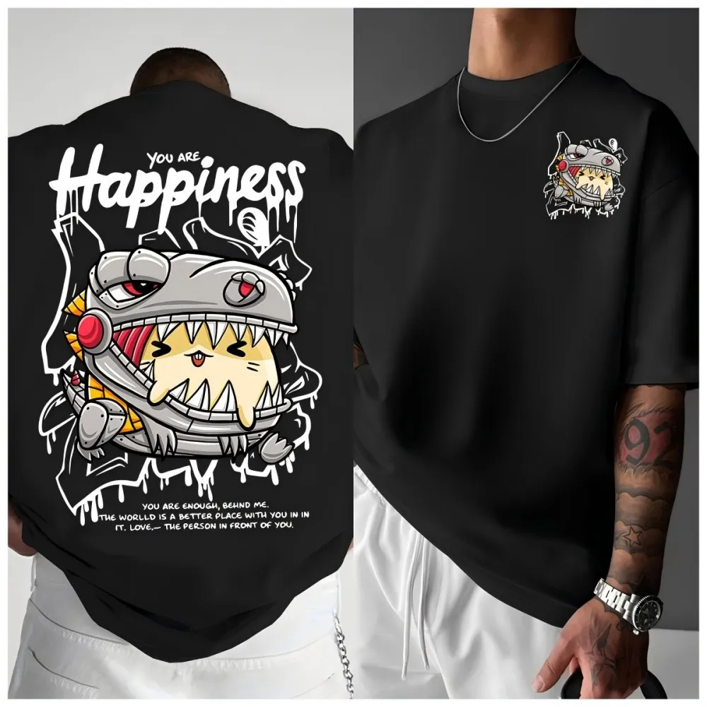 Fashionable men's summer cartoon mechanical dragon letter print comfortable and breathable round neck T-shirt outdoor street top