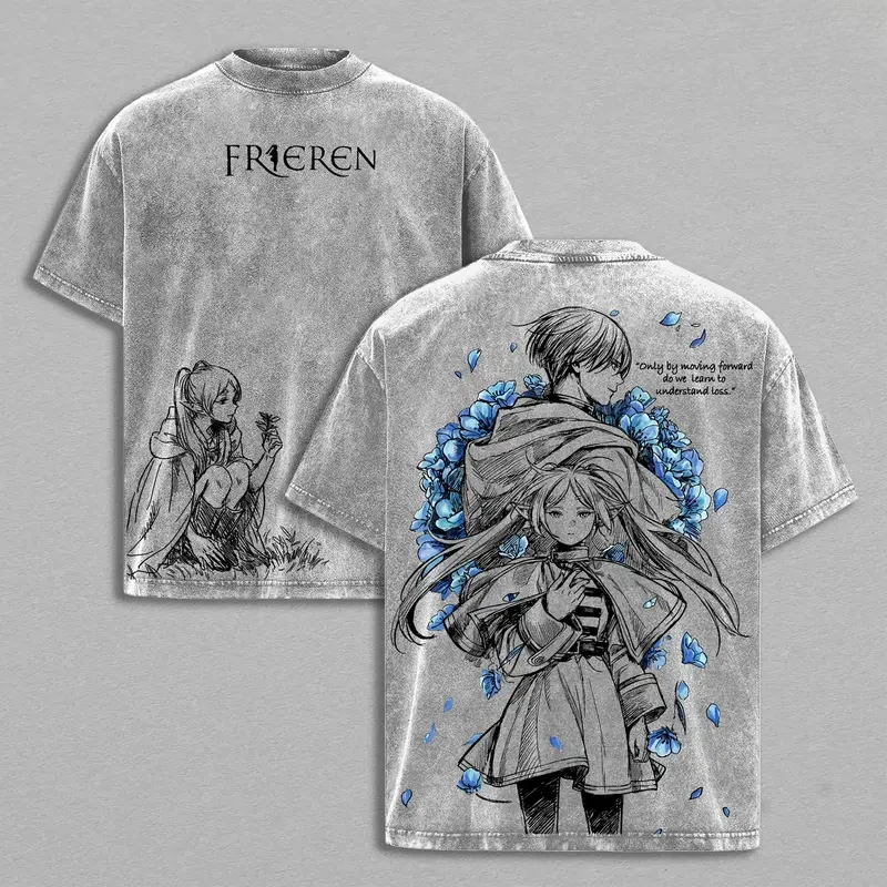 Washed Frieren Himmel Print T-shirt Anime Frieren Beyond Journey's End Clothing Unisex Cotton Tshirts T Shirt Oversized Tops