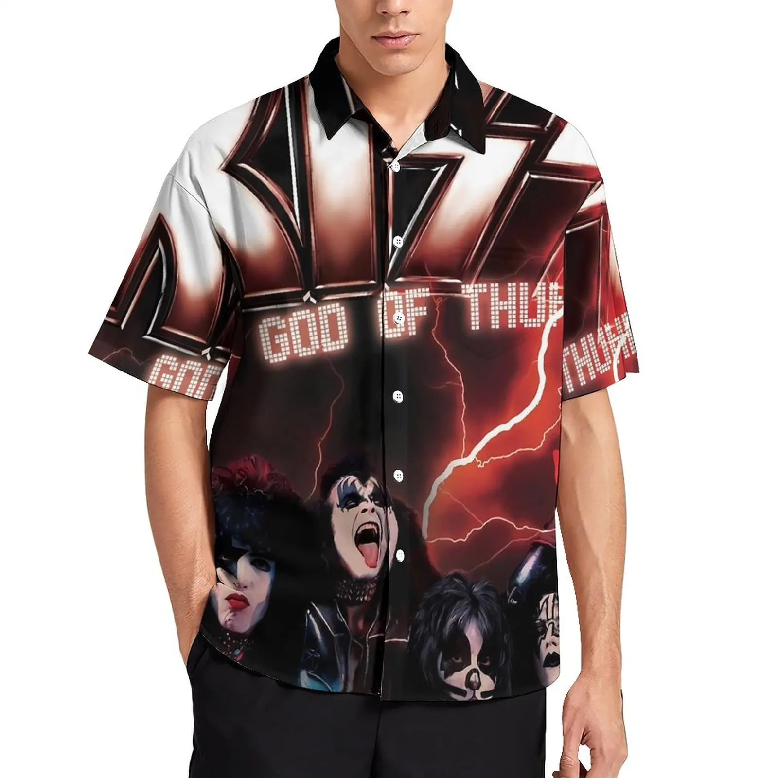 

Kiss Band Print Vacation Shirt God Of Thunder Hawaiian Casual Shirts Male Cool Blouses Short Sleeve Graphic Clothes Big Size