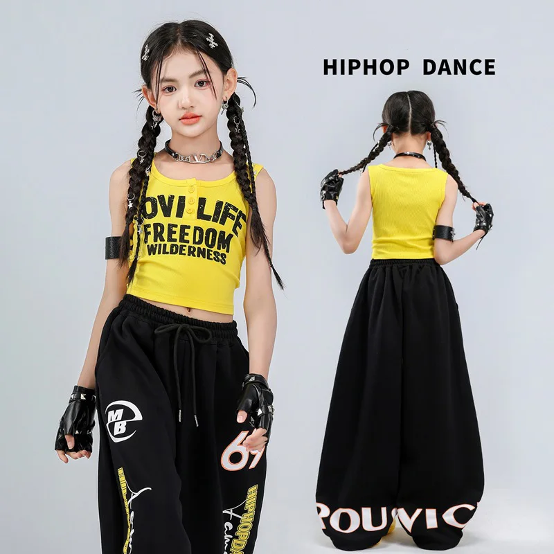 Kpop Dance Costume Jazz Performance Show Clothes Yellow Tank Black Loose Pants Hip Hop Dance Outfit
