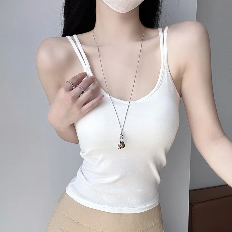 Women Halter Vest with Chest Pad U Back Solid Color Cotton Slim Fit Sleeveless Camisole Summer Inner Outer Bottoming Top