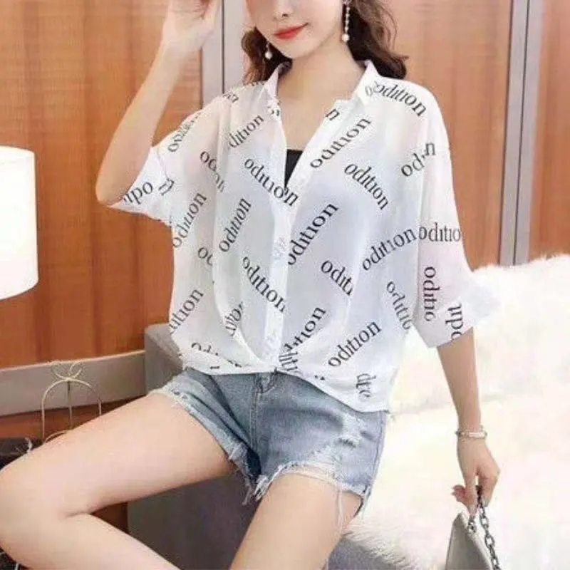 Short Sleeve Chiffon Shirts for Women, Loose Fitting, Casual Clothes, Elegant Temperament Tops, Summer Simplicity Fashion Trend