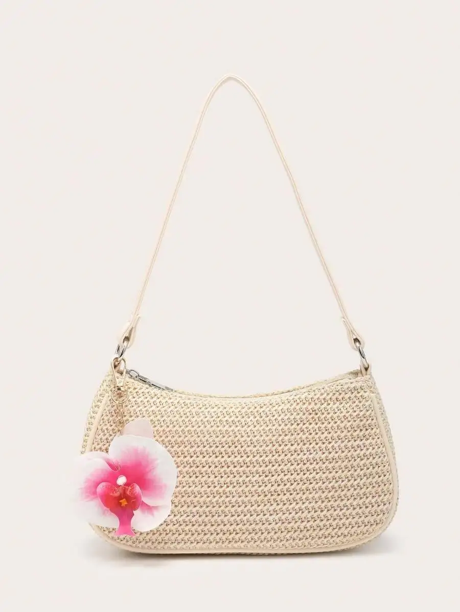 

Women's Casual Woven Underarm Shoulder Bag, Lightweight Fashionable Beach Vacation Style, With Butterfly Decor Pendant, Suitable