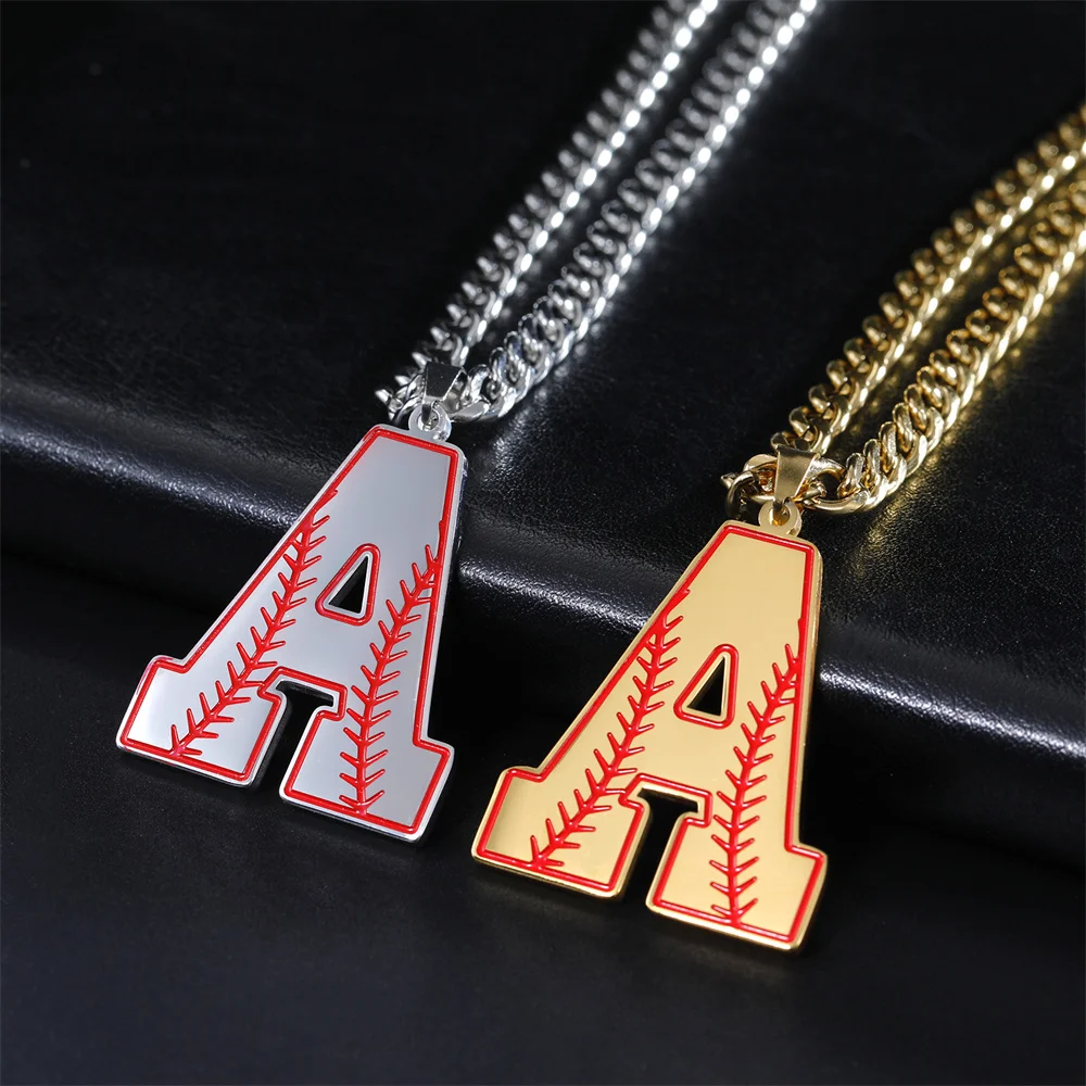 My Shape A-Z Letter Baseball Pattern Necklaces for Men Women Boy Sport Basketball Alphabet Initials Pendant Cuban Chain Jewelry