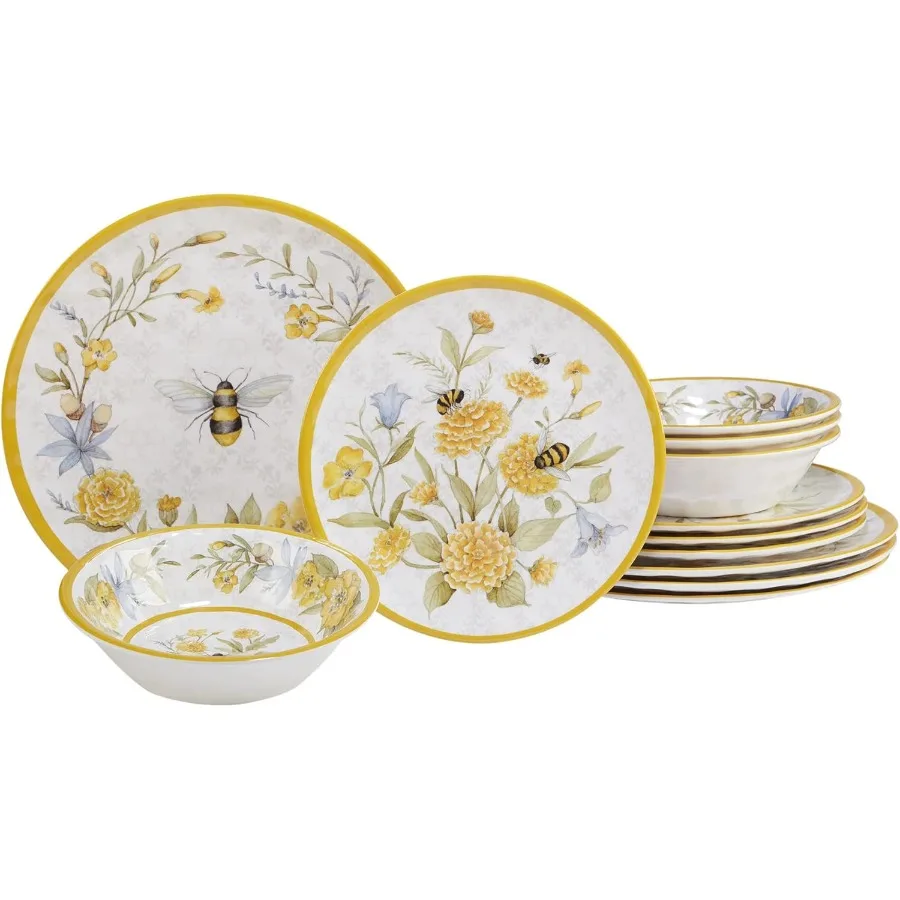 

Bee Sweet 12Piece Dinnerware Set Service for 4 Bee and Floral Plates and Bowls Durable Shatterproof Outdoor Tableware for Sprin