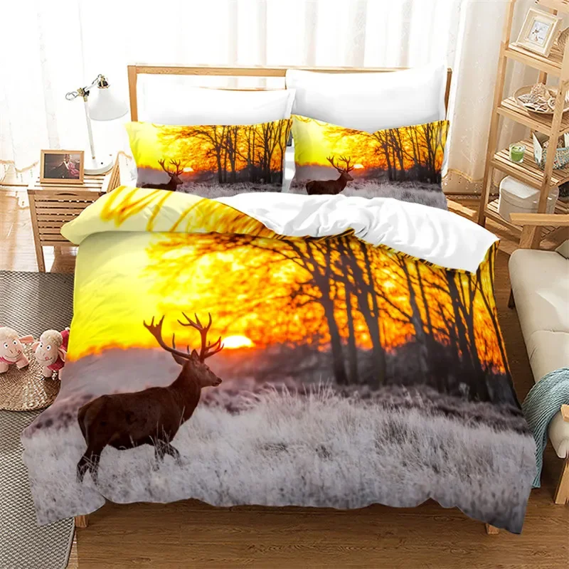 Sunset Wildlife Deer Duvet Cover Elk Giraffe Bedding Set Animal Theme Comforter Cover Full King For Teen Boys Girl Bedroom Decor