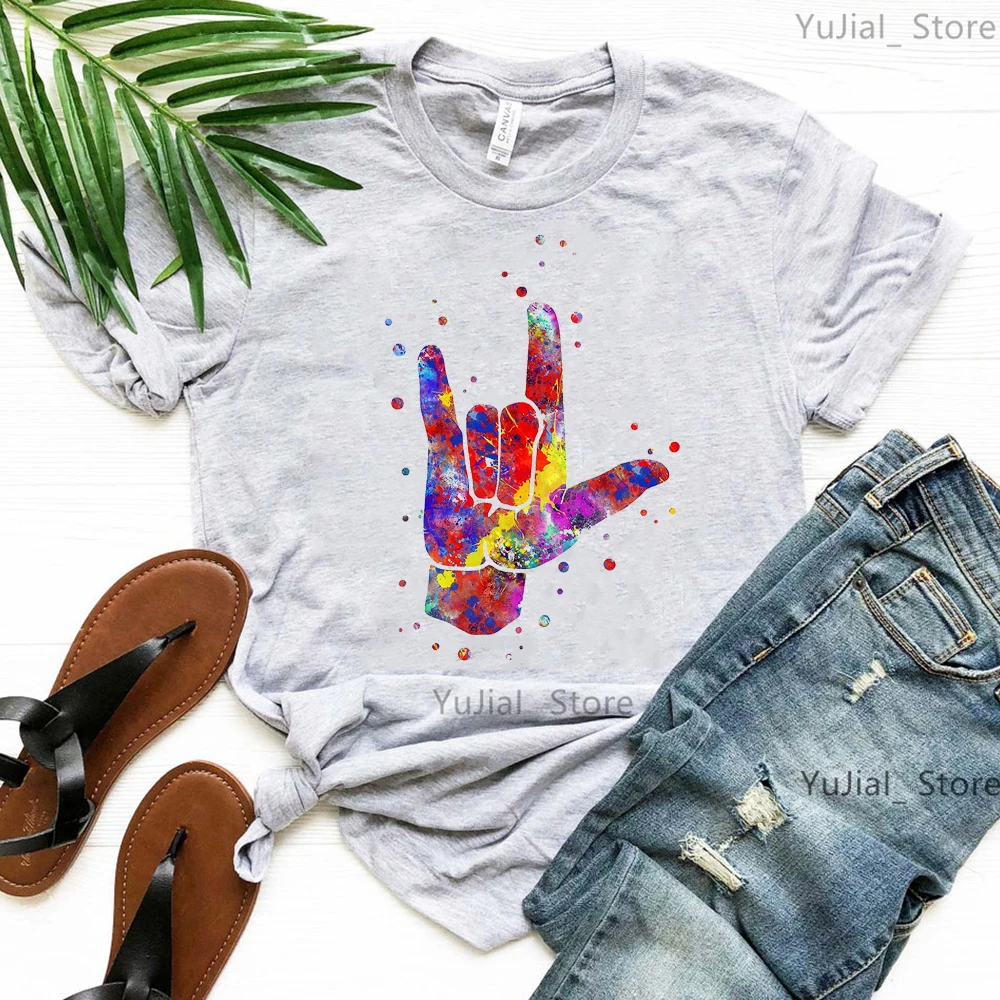 

Watercolor Sign Language Of Love Print Pink Gray Tshirt Girls Summer Fashion Tops Tee Shirt Femme Short Sleeve T-Shirt Female