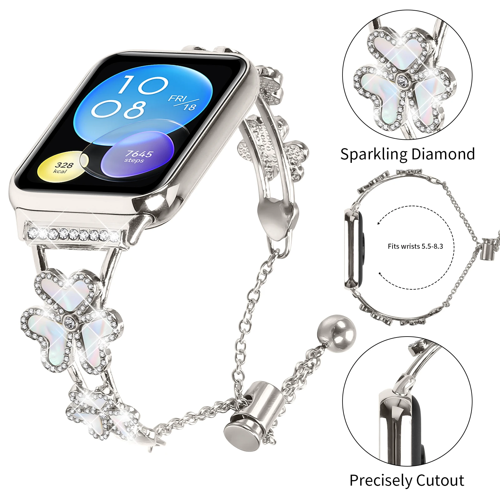 샤오미 레드미 워치 4 용 스테인리스 스틸 스트랩, 클로버 모양 다이아몬드 팔찌, 미 밴드 8 프로 워치 밴드용 액세서리