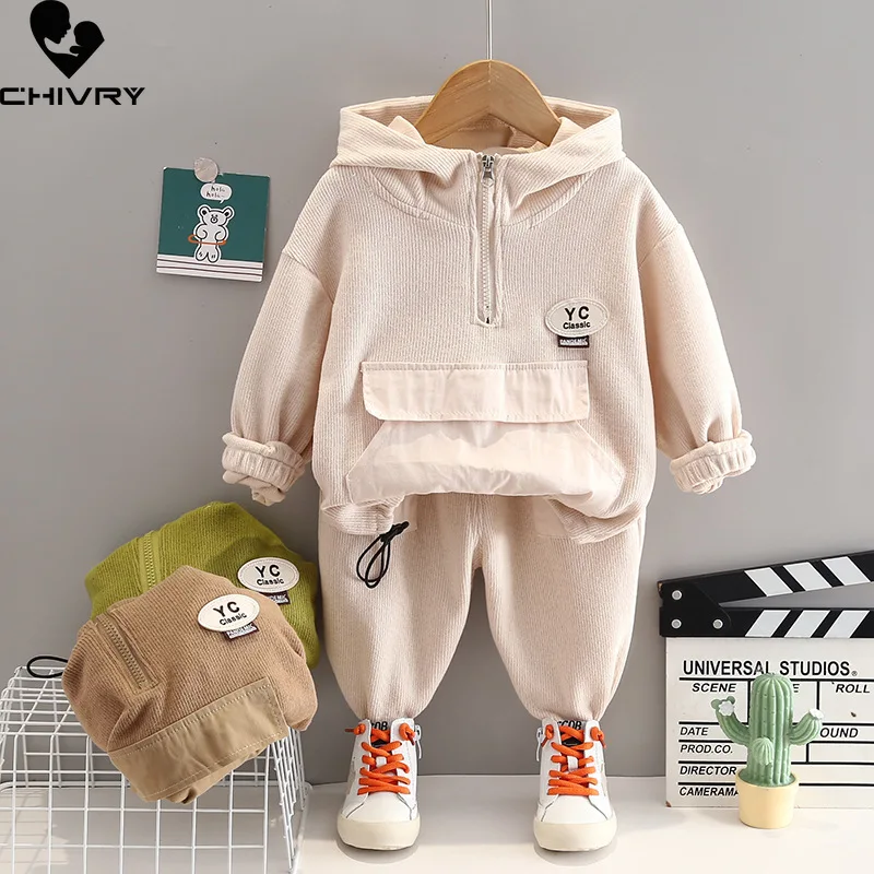 New 2023 Kids Baby Spring Autumn Fashion Solid Zipper Hooded Sweatshirt Tops with Pants Boys Casual Sports Clothing Sets