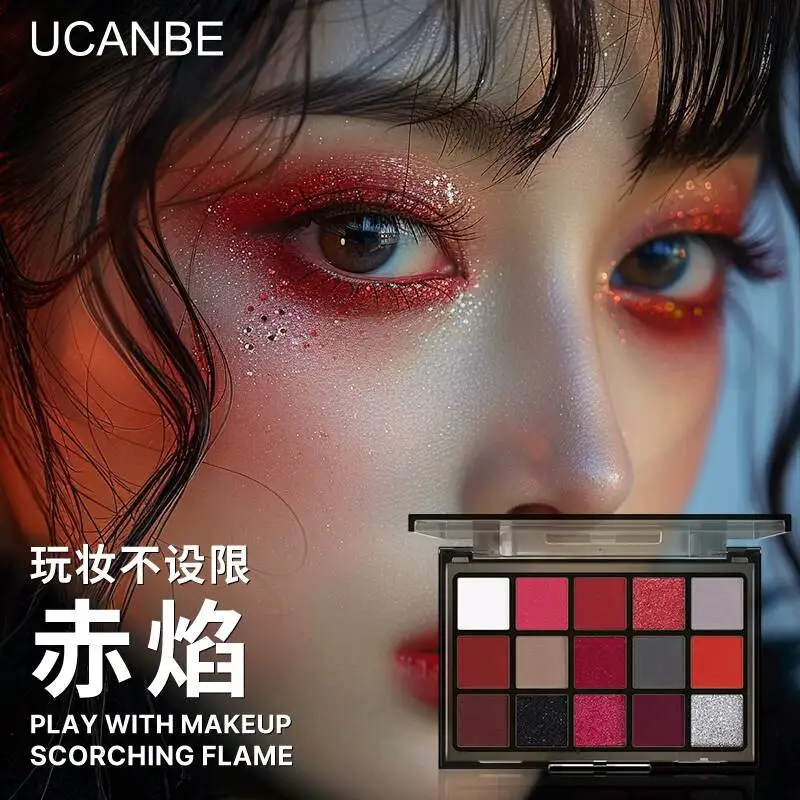 Ucanbe 15-color Red Flame Eyeshadow Palette Black Smokey Cosplay Christmas Wedding Makeup