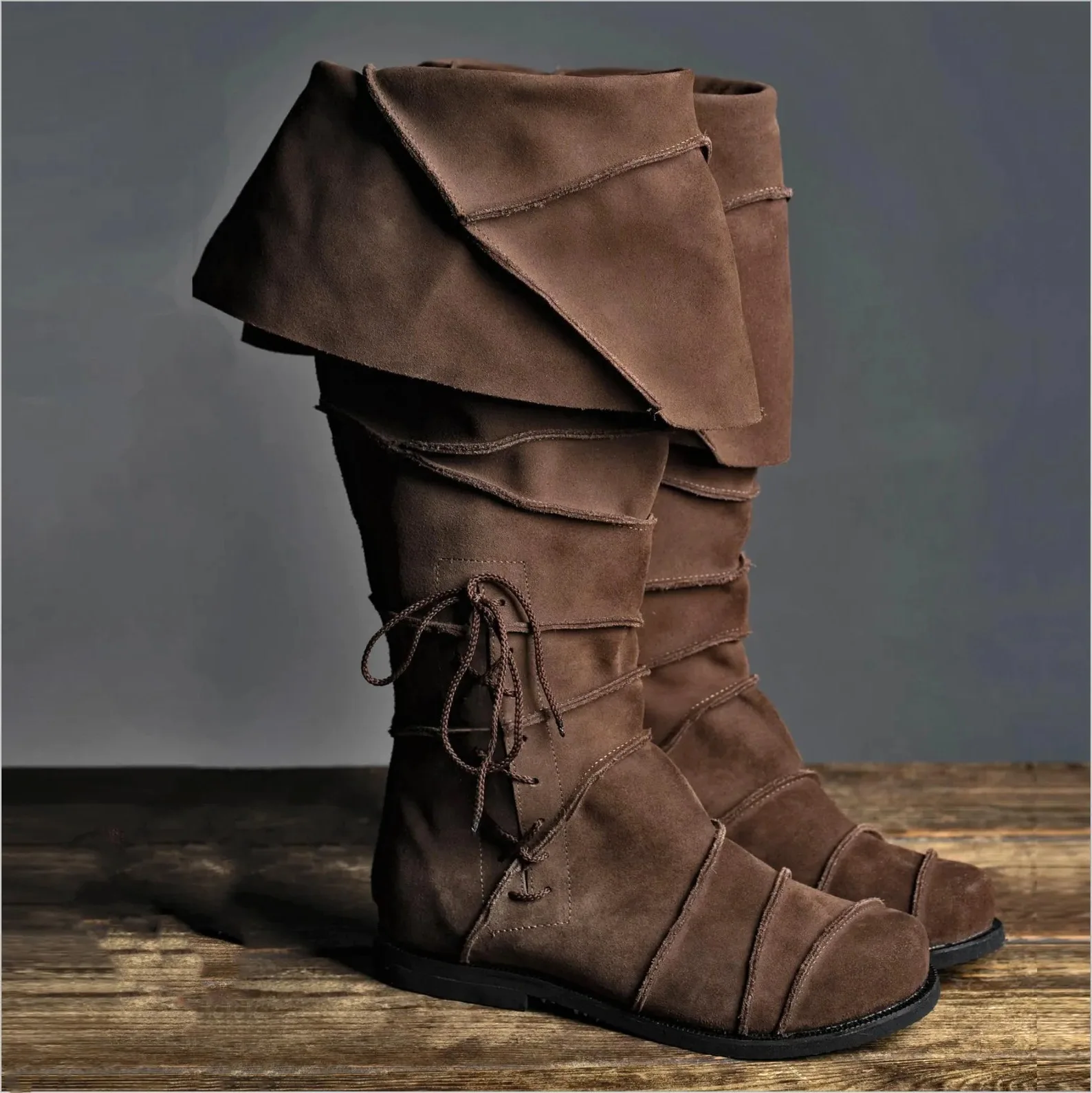 Pirate Boots Men's Renaissance Vintage Brown Cosplay Halloween Viking Steampunk Knight Boots Low Heel Tall Boots Costume