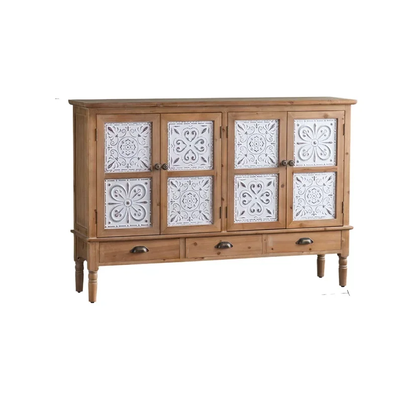 

Log color three-door carved dining side cabinet American retro tea storage cabinet foyer balcony