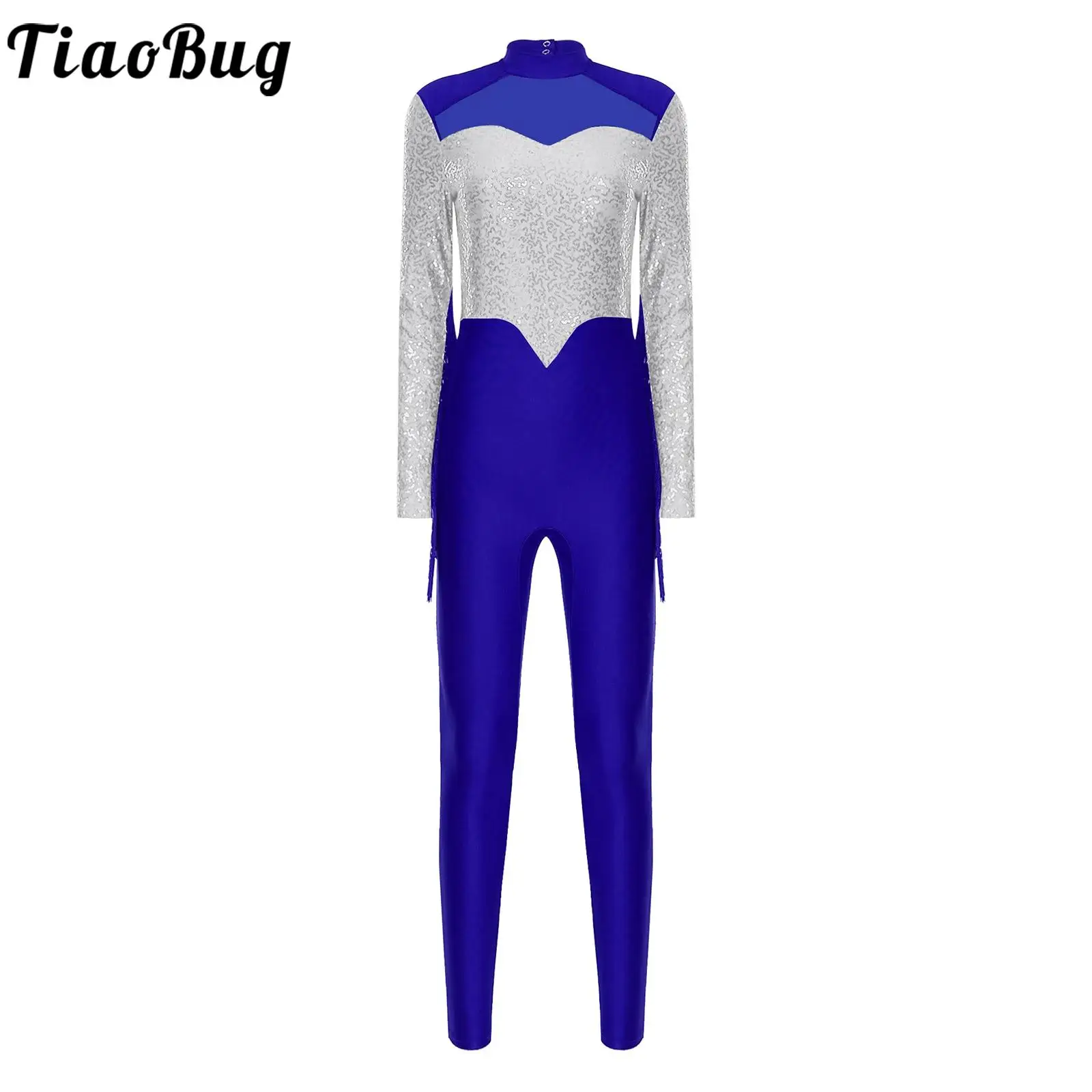 

Women Leotards Full Jumpsuit Dance Costume Tassels Long Sleeve Shiny Sequins Rompers Ballet Gymnastic Skating Dancewear