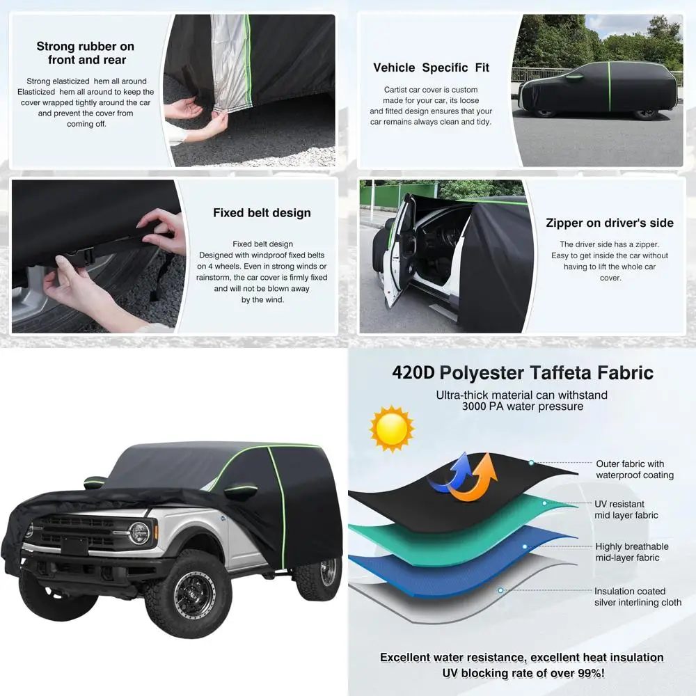 

All-Weather 4-Door Car Cover for 2021-2026 Bronco, Waterproof, Strong, with Zipper and Reflective Safety Strips