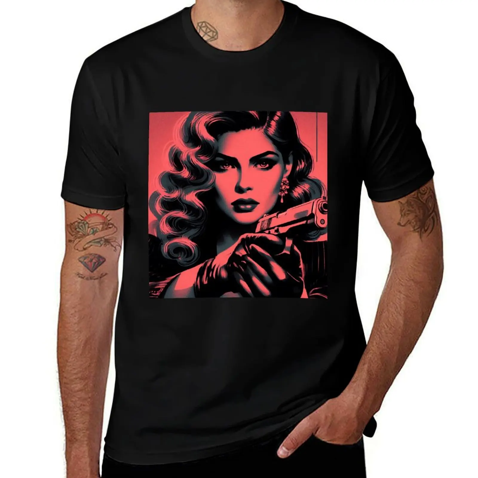 Femme Fatale Aiming [Noir aesthetic] T-Shirt Large Size Casual Short Sleeve Top