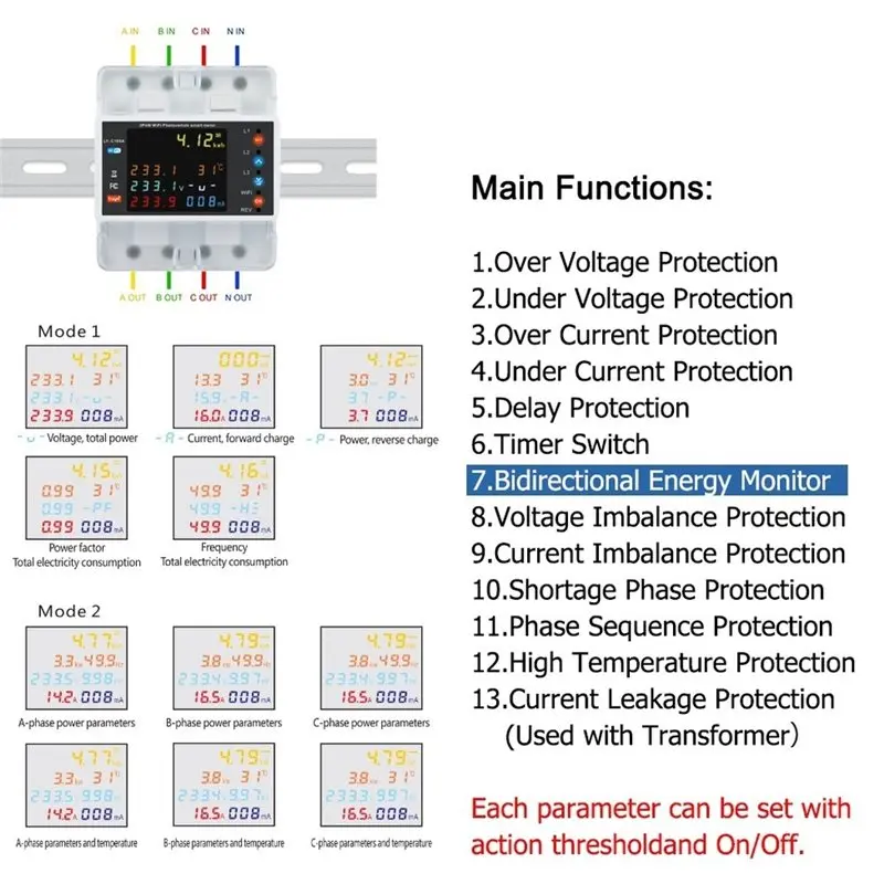 ABDJ-Tuya Wifi 4P 100A For Smart Life Bi-Directional Auto-Recovery Relay Three Phase Meter