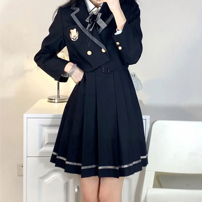 MAGOGO Original Japanese Short Dress Sets Women Autumn College Style High Waist Pleated Skirt with Shirt Coat Three-piece Suit