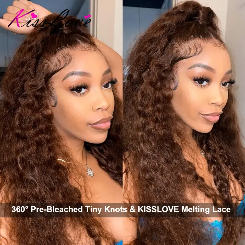 Chocolate Brown Invisi Strap Snug Fit 360 Glueless Wigs Human Hair Water Wave Full Lace Frontal Wig Bleached Knots Deep Wave Wig