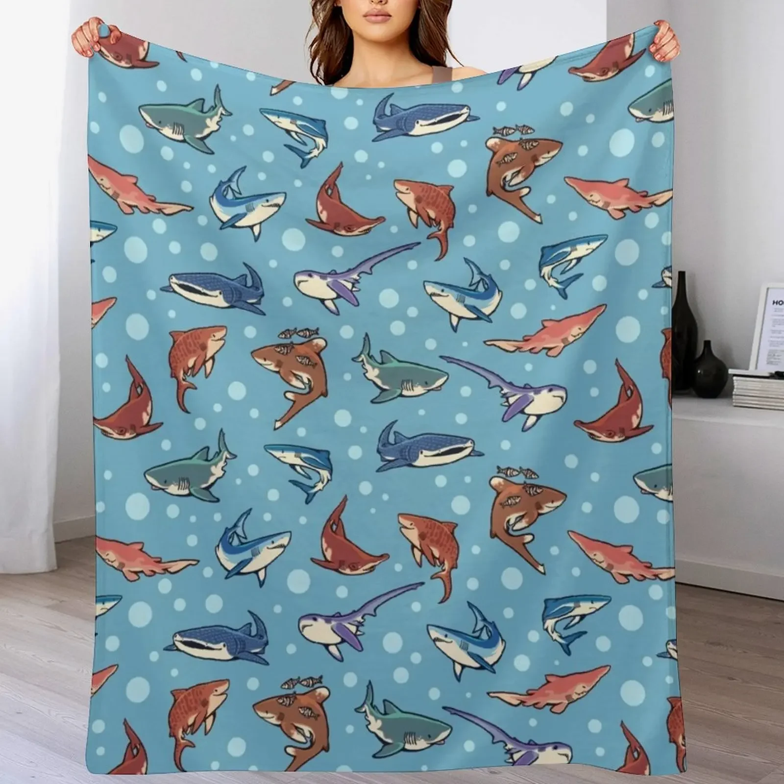 Sharks in the light blue Throw Blanket Decoratives Heavy Furrys Sleeping Bag Blankets