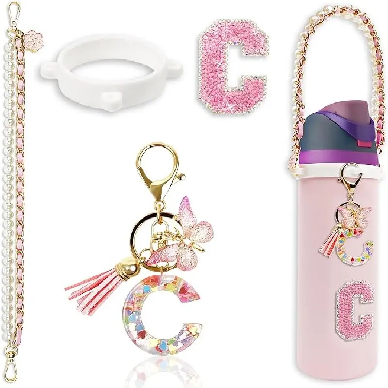 Cup Accessoriespearl Double Chain Handle Rope, Letter Sticker, Resin Letter Butterfly Pendant